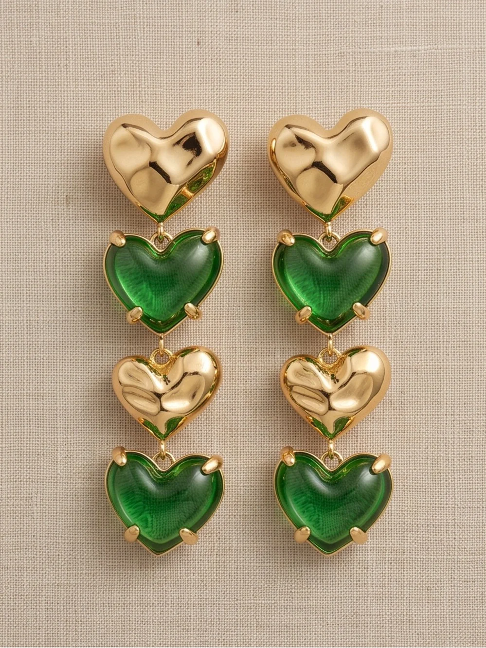 Gold & Green Triple Heart Drop Earrings - Women Jewelry